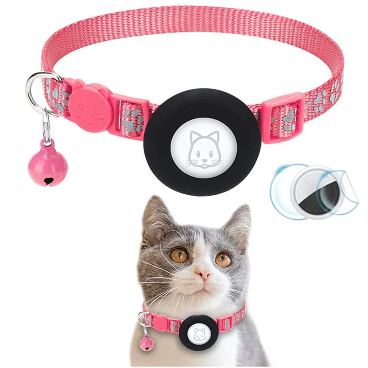 For AirTag Silicone Case Paw Pattern Reflective Pet Collar GPS Tracker Protective Cover with Bell, with Front Back Film Set - Rose-Cellmalls