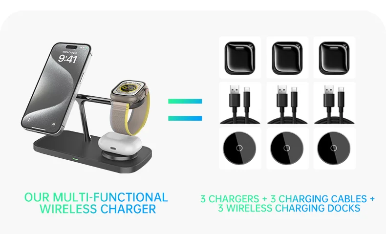 T255 Qi2 15W Magnetic Wireless Charger Watch Earphone Cellphone 3 in 1 Desktop Charging Stand - Black-Cellmalls