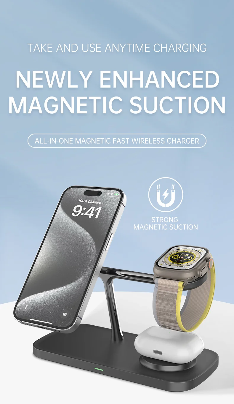 T255 Qi2 15W Magnetic Wireless Charger Watch Earphone Cellphone 3 in 1 Desktop Charging Stand - Black-Cellmalls