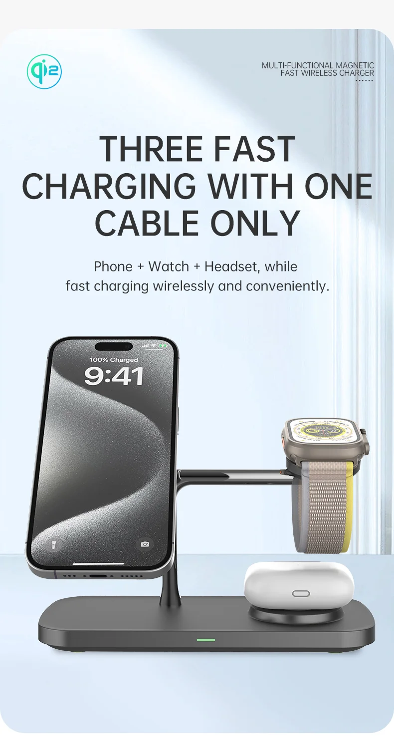 T255 Qi2 15W Magnetic Wireless Charger Watch Earphone Cellphone 3 in 1 Desktop Charging Stand - Black-Cellmalls
