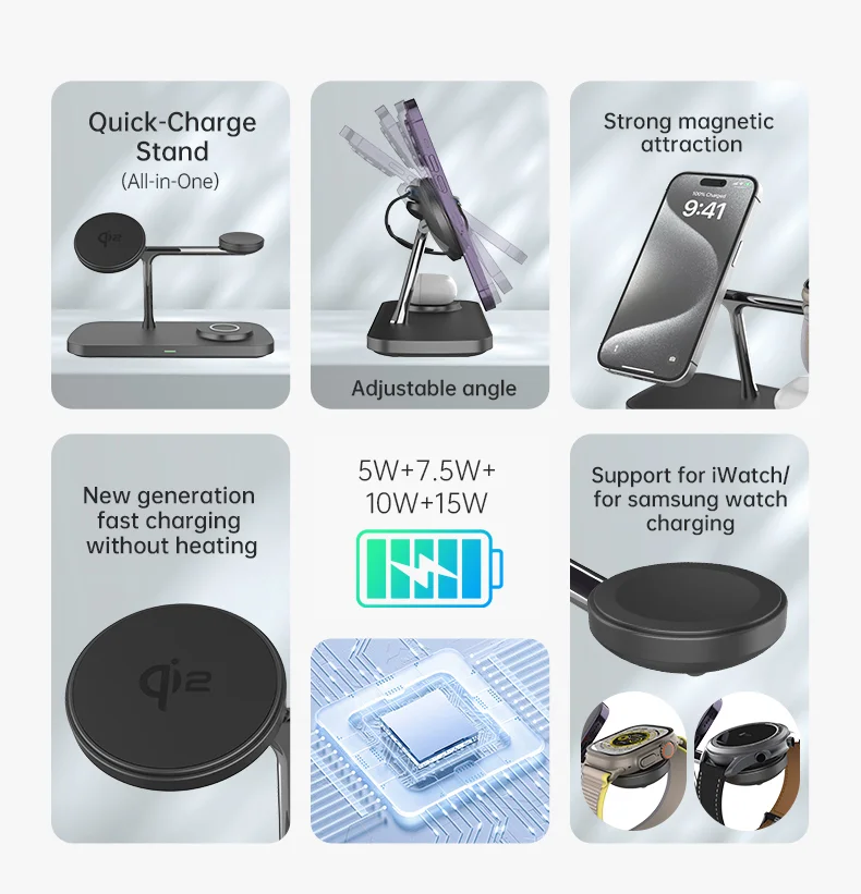 T255 Qi2 15W Magnetic Wireless Charger Watch Earphone Cellphone 3 in 1 Desktop Charging Stand - Black-Cellmalls