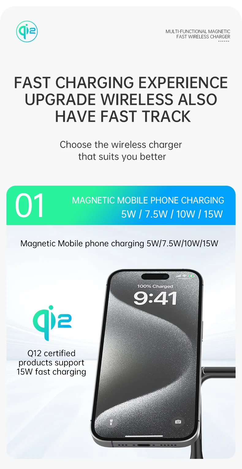 T255 Qi2 15W Magnetic Wireless Charger Watch Earphone Cellphone 3 in 1 Desktop Charging Stand - Black-Cellmalls