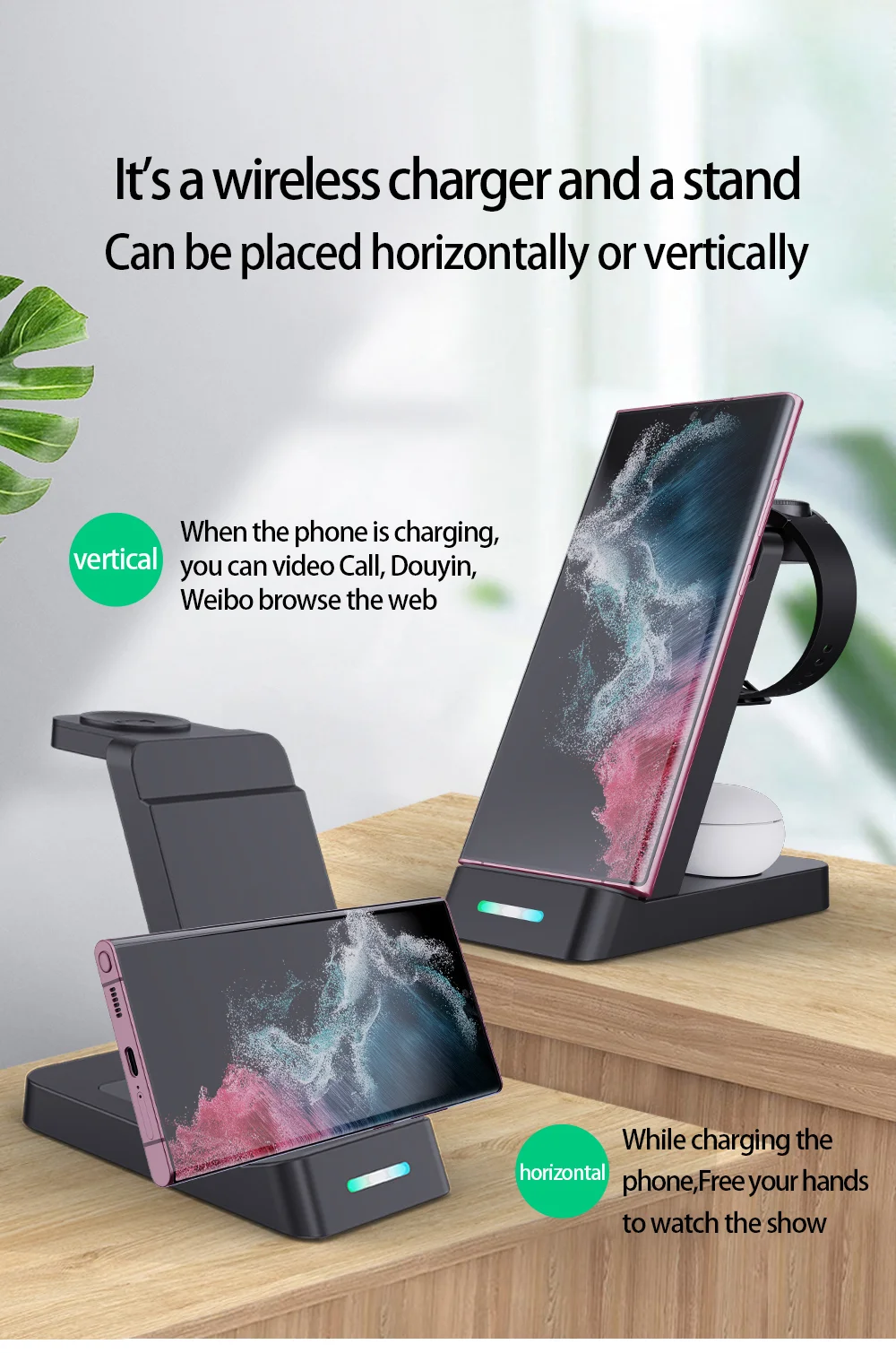 B-20A 3 in 1 Wireless Charger for Samsung Watch 3 / 4 / 5 / 6 / 7 /  Phone / Earphones Wireless Charging Stand - Black-Cellmalls