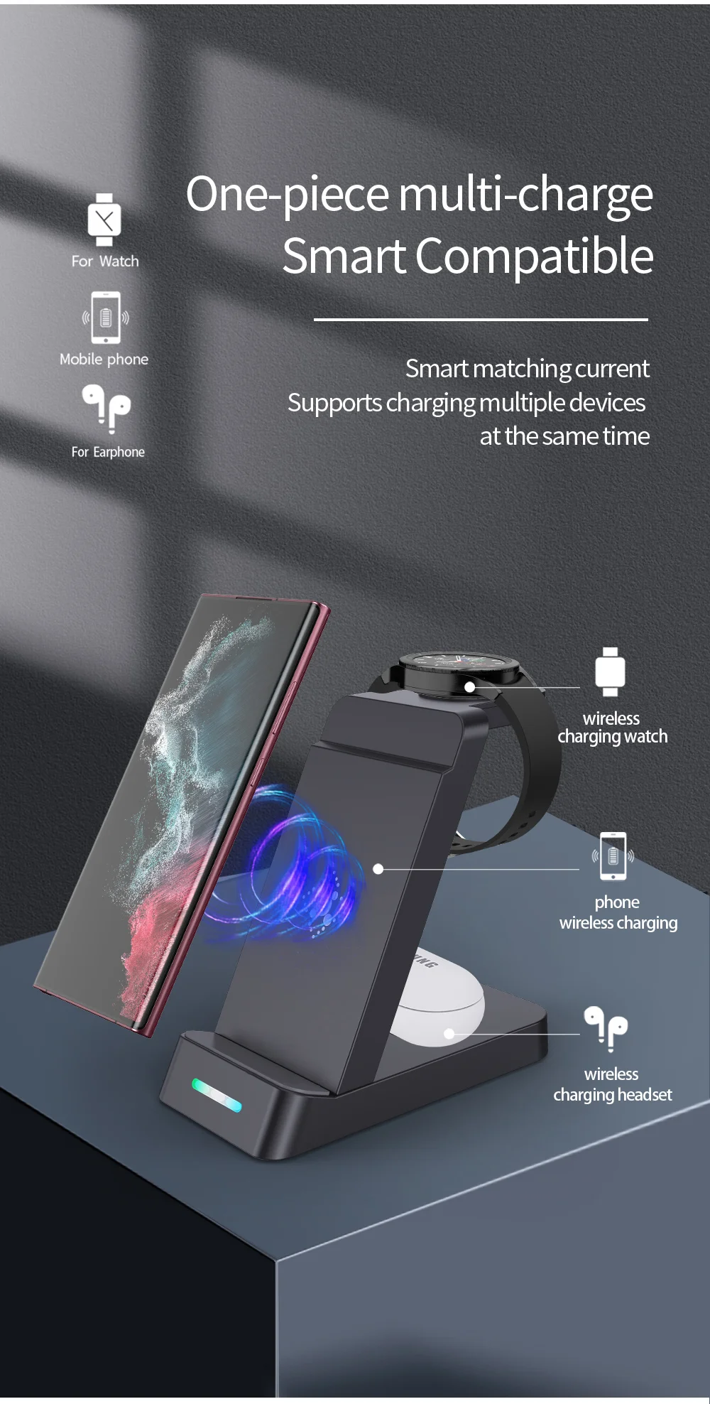 B-20A 3 in 1 Wireless Charger for Samsung Watch 3 / 4 / 5 / 6 / 7 /  Phone / Earphones Wireless Charging Stand - Black-Cellmalls