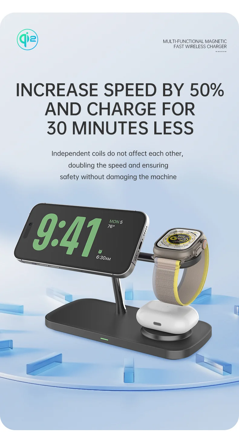 T255 Qi2 15W Magnetic Wireless Charger Watch Earphone Cellphone 3 in 1 Desktop Charging Stand - Black-Cellmalls