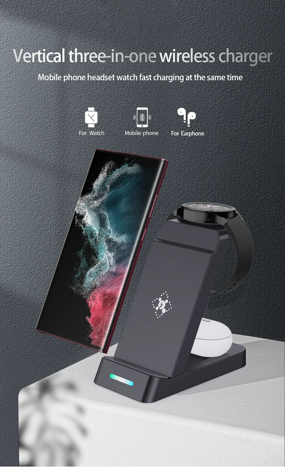 B-20A 3 in 1 Wireless Charger for Samsung Watch 3 / 4 / 5 / 6 / 7 /  Phone / Earphones Wireless Charging Stand - Black-Cellmalls