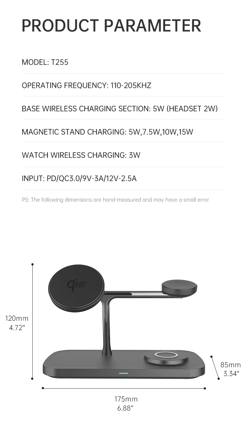 T255 Qi2 15W Magnetic Wireless Charger Watch Earphone Cellphone 3 in 1 Desktop Charging Stand - Black-Cellmalls
