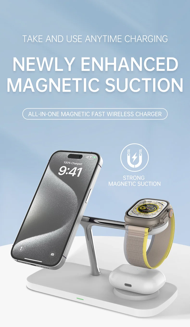 T255 Qi2 15W Magnetic Wireless Charger Watch Earphone Cellphone 3 in 1 Desktop Charging Stand - White-Cellmalls