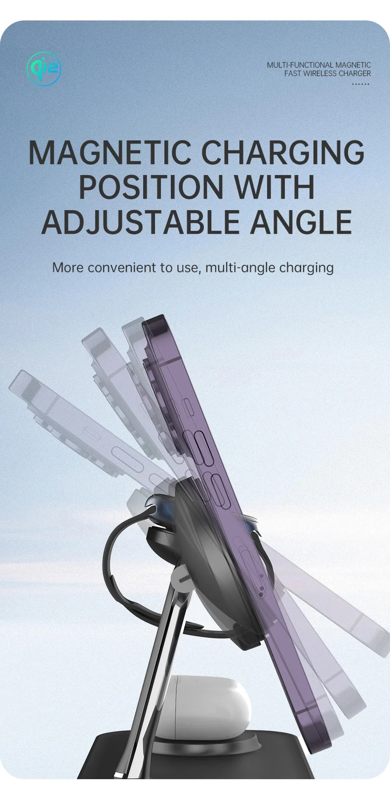 T255 Qi2 15W Magnetic Wireless Charger Watch Earphone Cellphone 3 in 1 Desktop Charging Stand - Black-Cellmalls