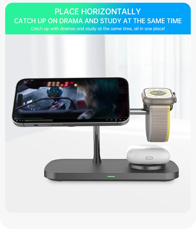 T255 Qi2 15W Magnetic Wireless Charger Watch Earphone Cellphone 3 in 1 Desktop Charging Stand - Black-Cellmalls