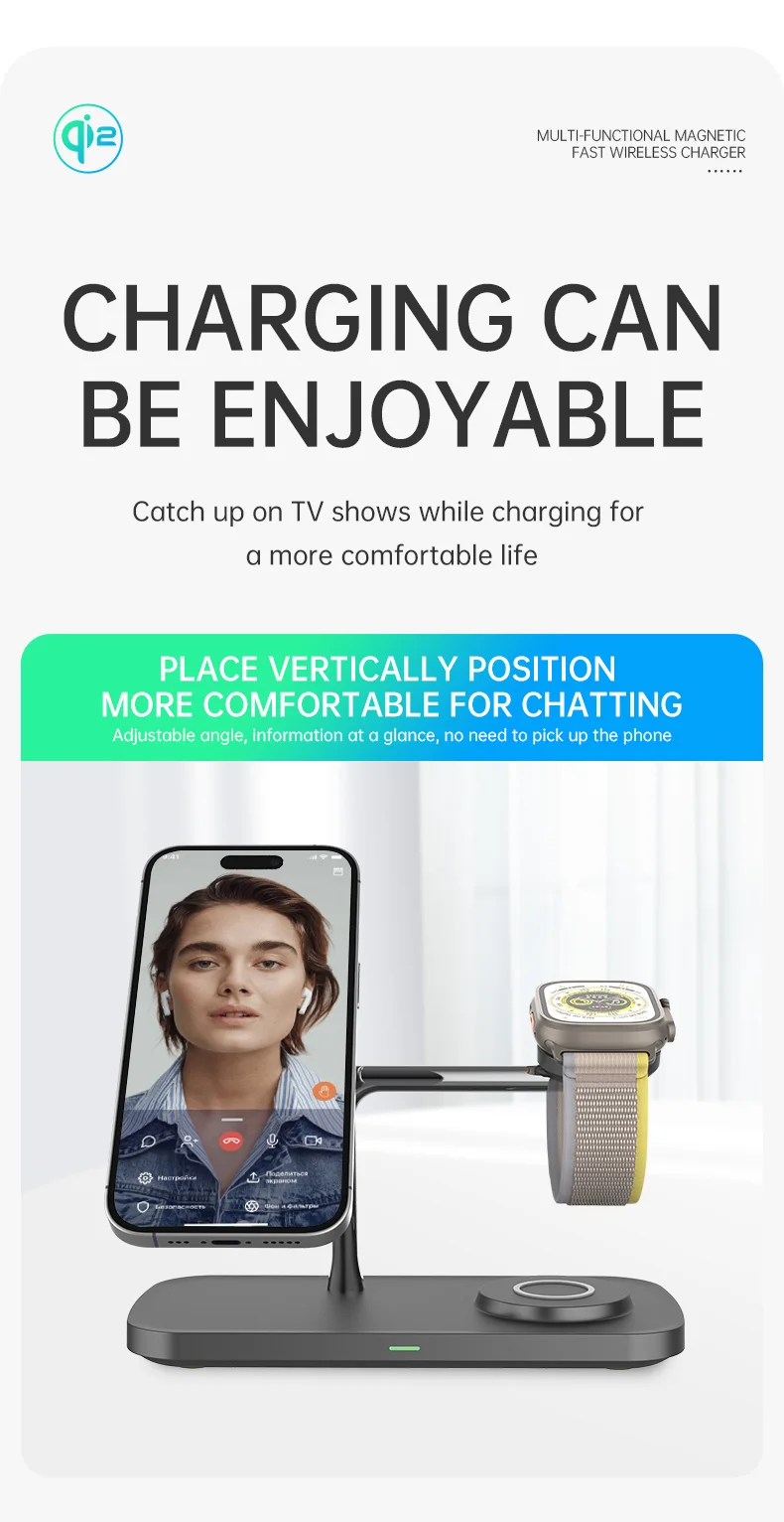 T255 Qi2 15W Magnetic Wireless Charger Watch Earphone Cellphone 3 in 1 Desktop Charging Stand - Black-Cellmalls