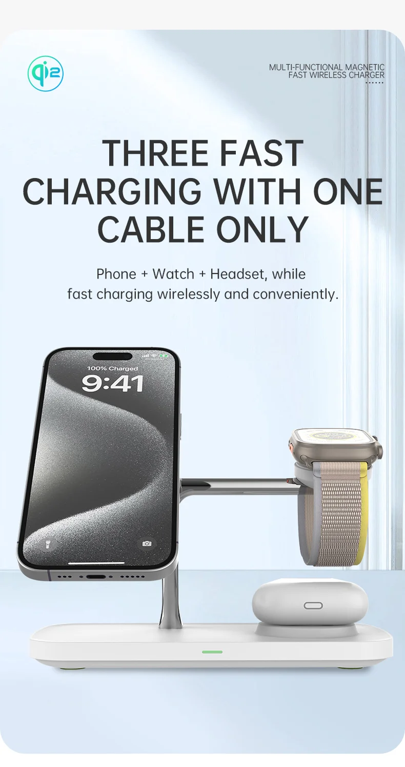 T255 Qi2 15W Magnetic Wireless Charger Watch Earphone Cellphone 3 in 1 Desktop Charging Stand - White-Cellmalls