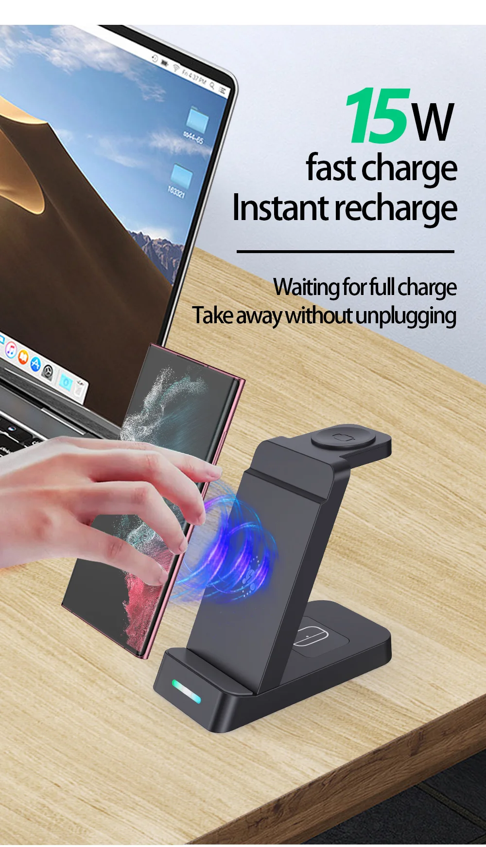 B-20A 3 in 1 Wireless Charger for Samsung Watch 3 / 4 / 5 / 6 / 7 /  Phone / Earphones Wireless Charging Stand - Black-Cellmalls