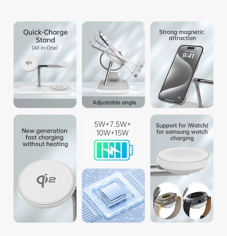 T255 Qi2 15W Magnetic Wireless Charger Watch Earphone Cellphone 3 in 1 Desktop Charging Stand - White-Cellmalls