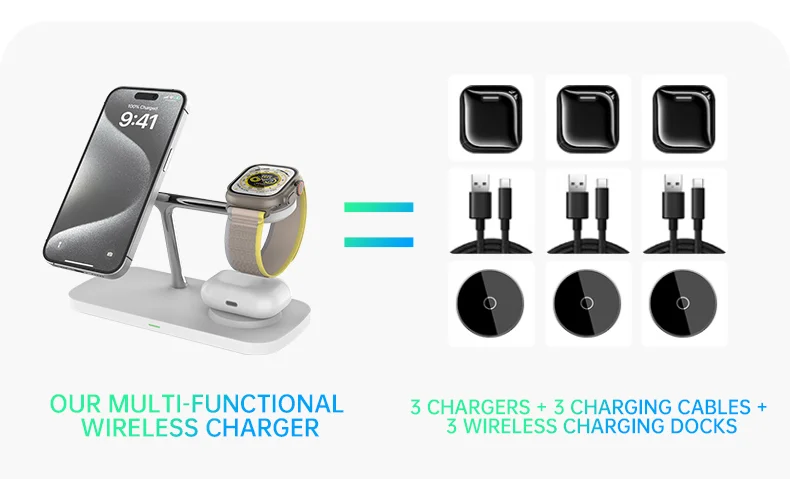 T255 Qi2 15W Magnetic Wireless Charger Watch Earphone Cellphone 3 in 1 Desktop Charging Stand - White-Cellmalls