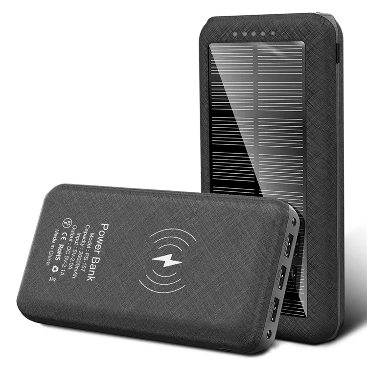 157 20000mAh Solar Power Bank 3 USB Ports Dual LED Light Phone Charger Support Wireless Charging - Black-Cellmalls