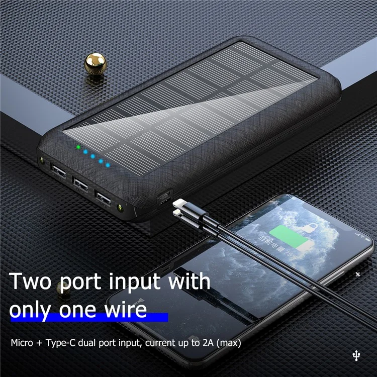 157 20000mAh Solar Power Bank 3 USB Ports Dual LED Light Phone Charger Support Wireless Charging - Black-Cellmalls