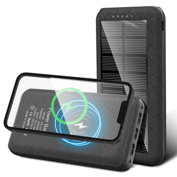 157 20000mAh Solar Power Bank 3 USB Ports Dual LED Light Phone Charger Support Wireless Charging - Black-Cellmalls