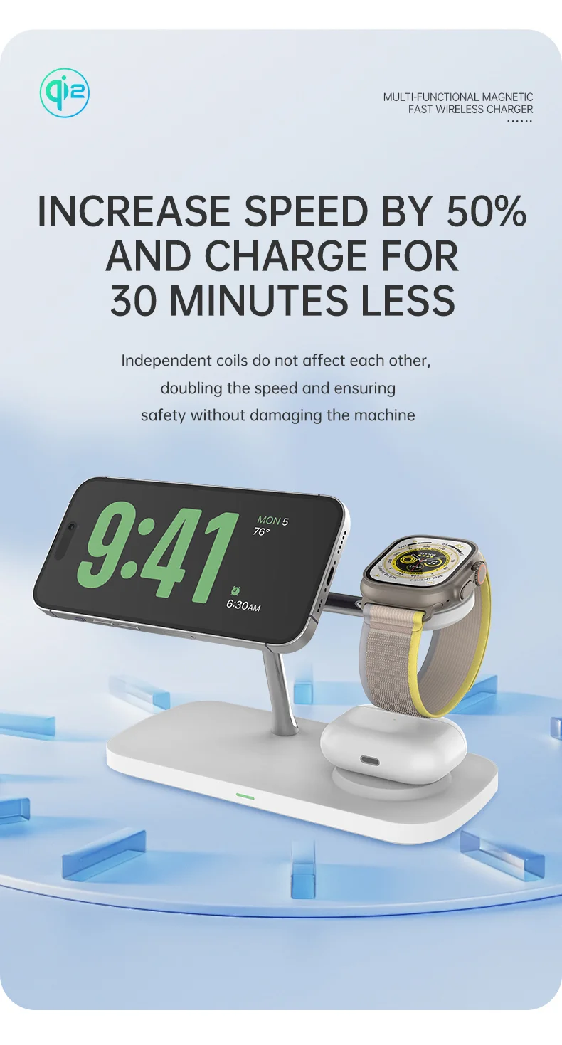 T255 Qi2 15W Magnetic Wireless Charger Watch Earphone Cellphone 3 in 1 Desktop Charging Stand - White-Cellmalls