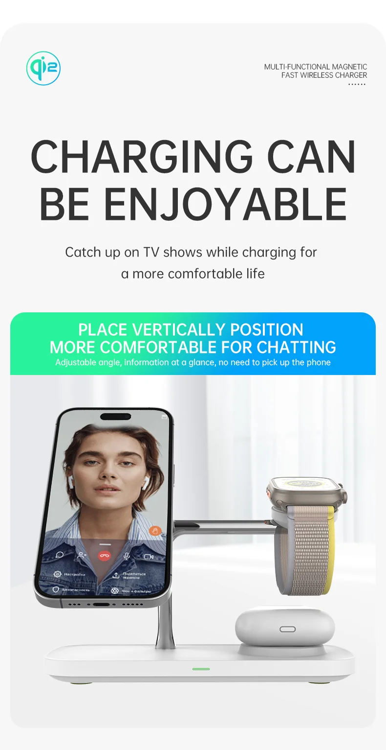 T255 Qi2 15W Magnetic Wireless Charger Watch Earphone Cellphone 3 in 1 Desktop Charging Stand - White-Cellmalls