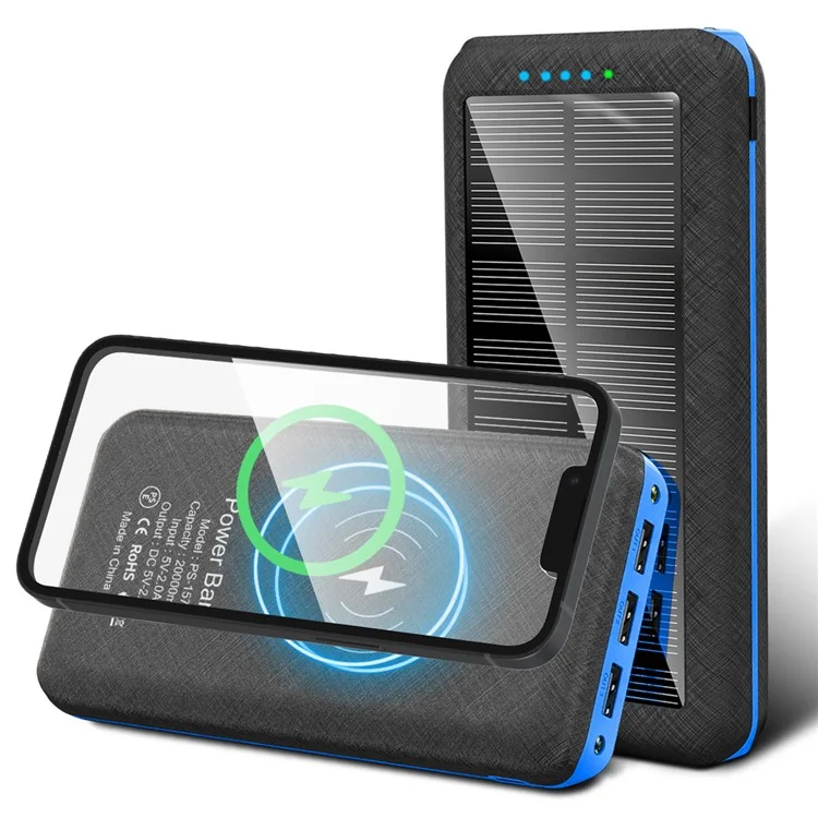 157 20000mAh Solar Power Bank 3 USB Ports Dual LED Light Phone Charger Support Wireless Charging - Blue-Cellmalls