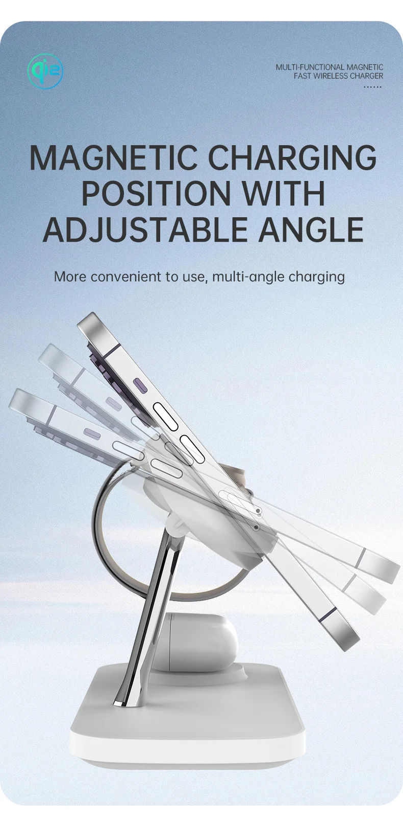 T255 Qi2 15W Magnetic Wireless Charger Watch Earphone Cellphone 3 in 1 Desktop Charging Stand - White-Cellmalls