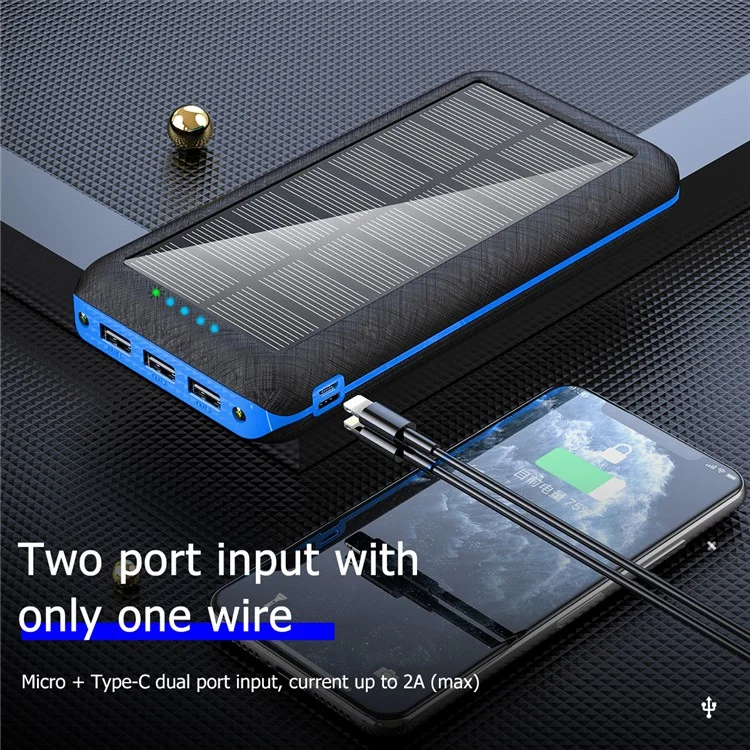 157 20000mAh Solar Power Bank 3 USB Ports Dual LED Light Phone Charger Support Wireless Charging - Blue-Cellmalls