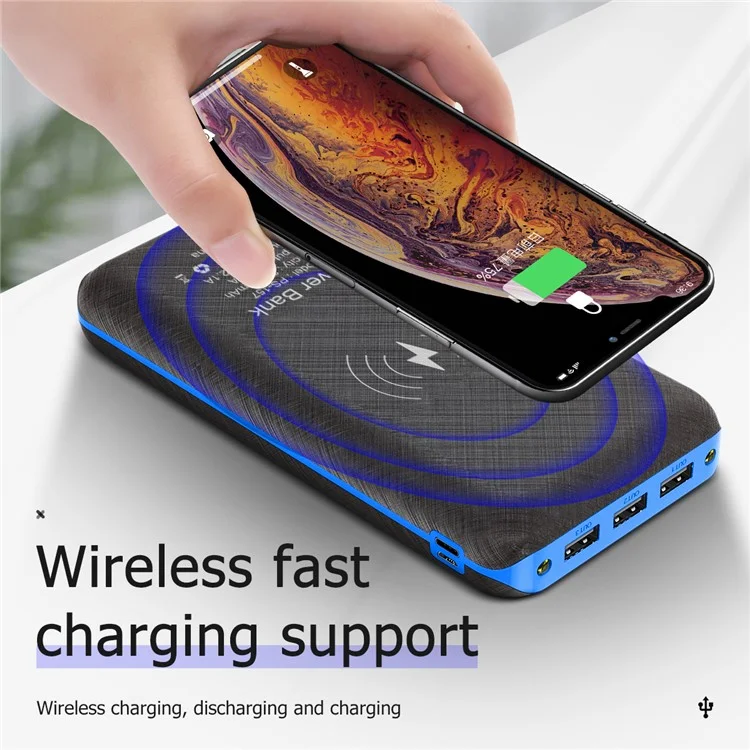 157 20000mAh Solar Power Bank 3 USB Ports Dual LED Light Phone Charger Support Wireless Charging - Blue-Cellmalls