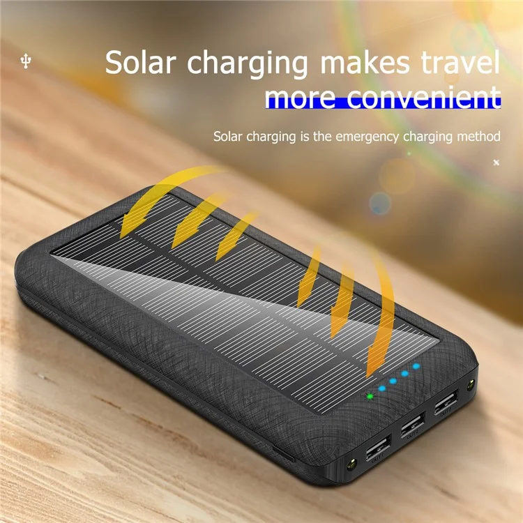 157 20000mAh Solar Power Bank 3 USB Ports Dual LED Light Phone Charger Support Wireless Charging - Black-Cellmalls