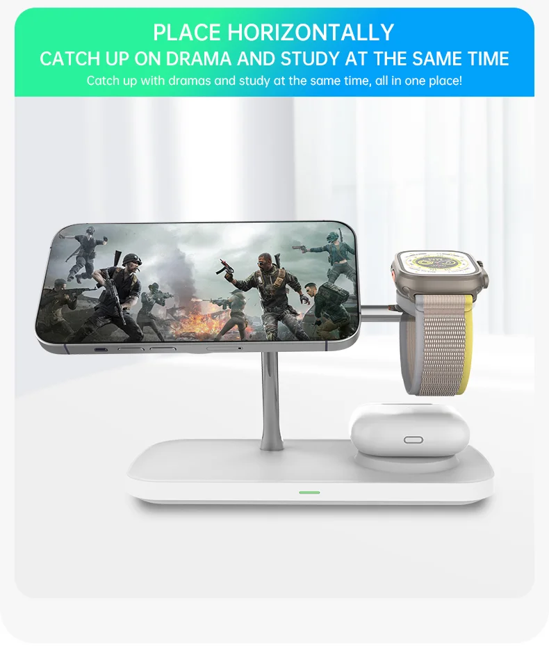 T255 Qi2 15W Magnetic Wireless Charger Watch Earphone Cellphone 3 in 1 Desktop Charging Stand - White-Cellmalls