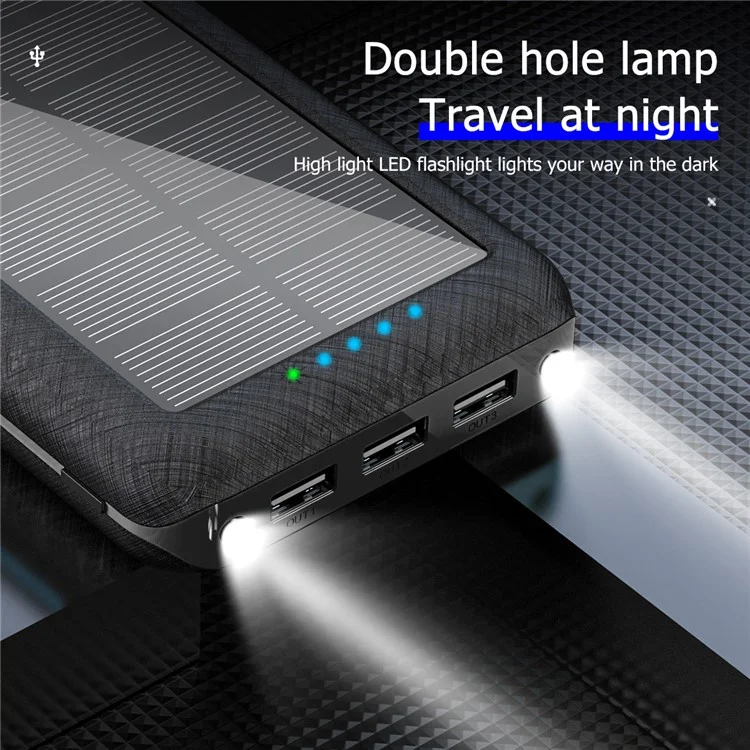 157 20000mAh Solar Power Bank 3 USB Ports Dual LED Light Phone Charger Support Wireless Charging - Black-Cellmalls