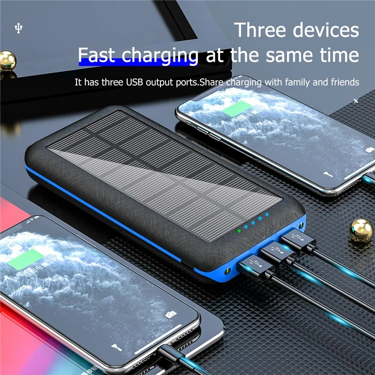 157 20000mAh Solar Power Bank 3 USB Ports Dual LED Light Phone Charger Support Wireless Charging - Blue-Cellmalls