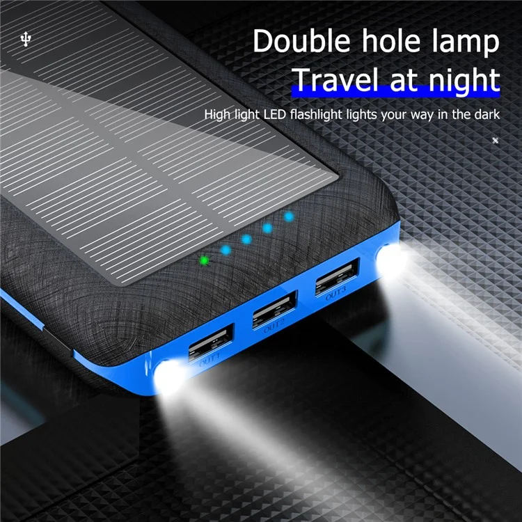 157 20000mAh Solar Power Bank 3 USB Ports Dual LED Light Phone Charger Support Wireless Charging - Blue-Cellmalls