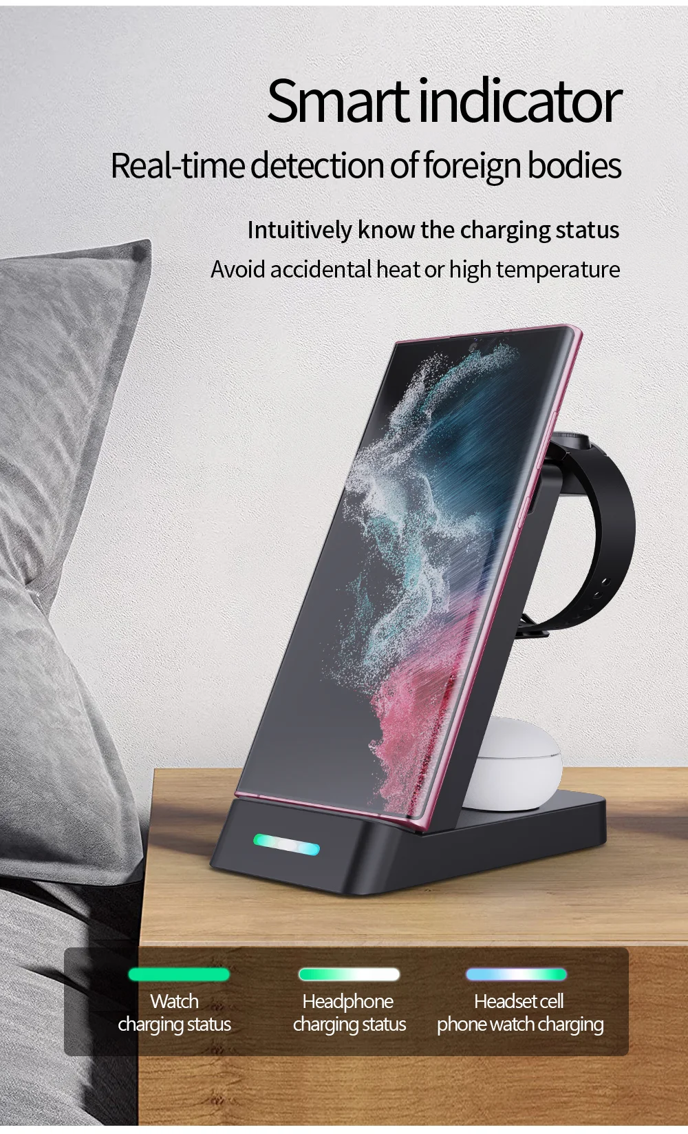 B-20A 3 in 1 Wireless Charger for Samsung Watch 3 / 4 / 5 / 6 / 7 /  Phone / Earphones Wireless Charging Stand - Black-Cellmalls
