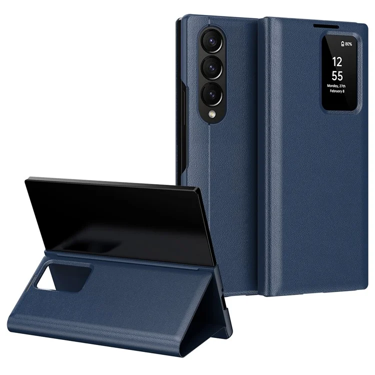 For Samsung Galaxy Z Fold4 5G Case Leather Phone Cover with View Window Card Slot - Sapphire-Cellmalls