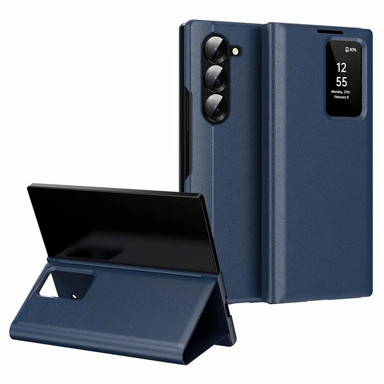 For Samsung Galaxy Z Fold6 5G Case with Card Holder Smart View Window Leather Phone Cover - Sapphire-Cellmalls