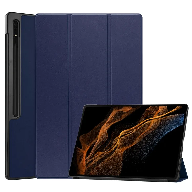For Samsung Galaxy Tab S8 Ultra Tri-fold Stand Tablet Case Auto Wake / Sleep Leather Tablet Cover - Black-Cellmalls