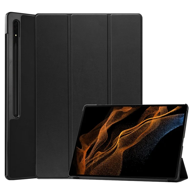 For Samsung Galaxy Tab S9 Ultra Tablet Case PU Leather Tri-fold Stand Smart Cover - Black-Cellmalls