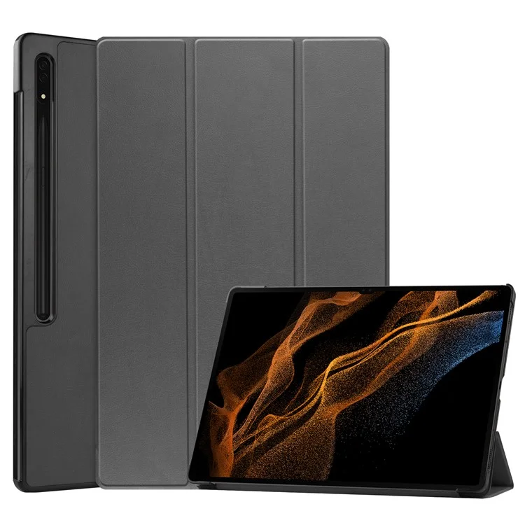 For Samsung Galaxy Tab S9 Ultra Tablet Case PU Leather Tri-fold Stand Smart Cover - Black-Cellmalls