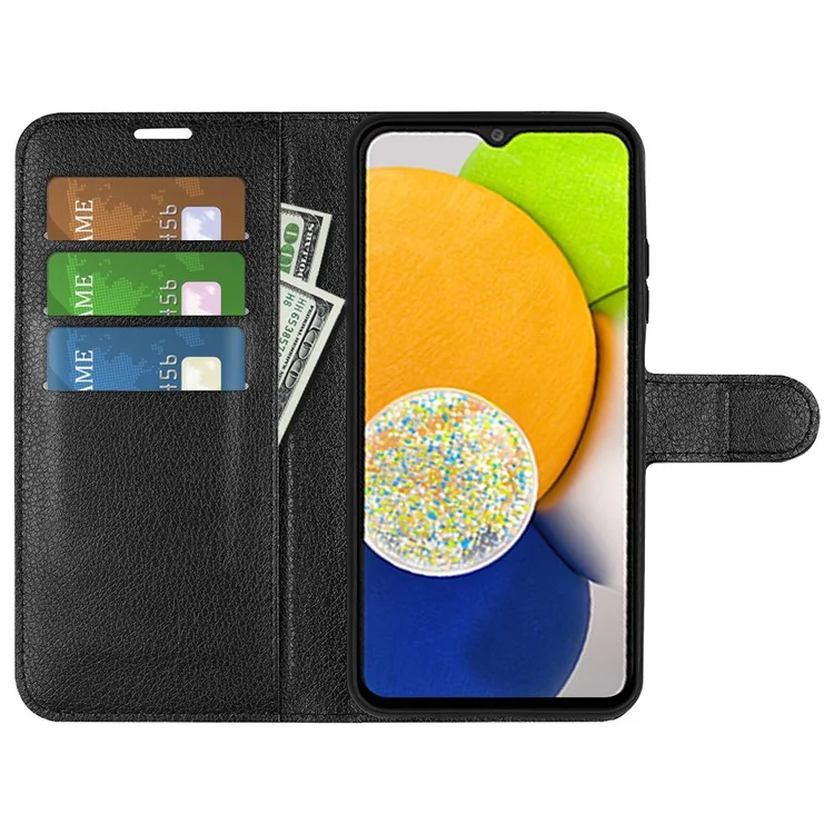 For Samsung Galaxy A03 (164.2 x 75.9 x 9.1mm) Litchi Texture Soft Inner TPU Case + PU Leather Cover with Wallet Stand - Black-Cellmalls