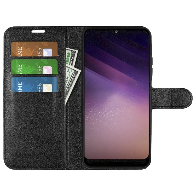 Litchi Texture Well-protected PU Leather Folio Case Magnetic Clasp Phone Cover with Stand Wallet for Samsung Galaxy A03 (166.5 x 75.98 x 9.14mm) - Black-Cellmalls