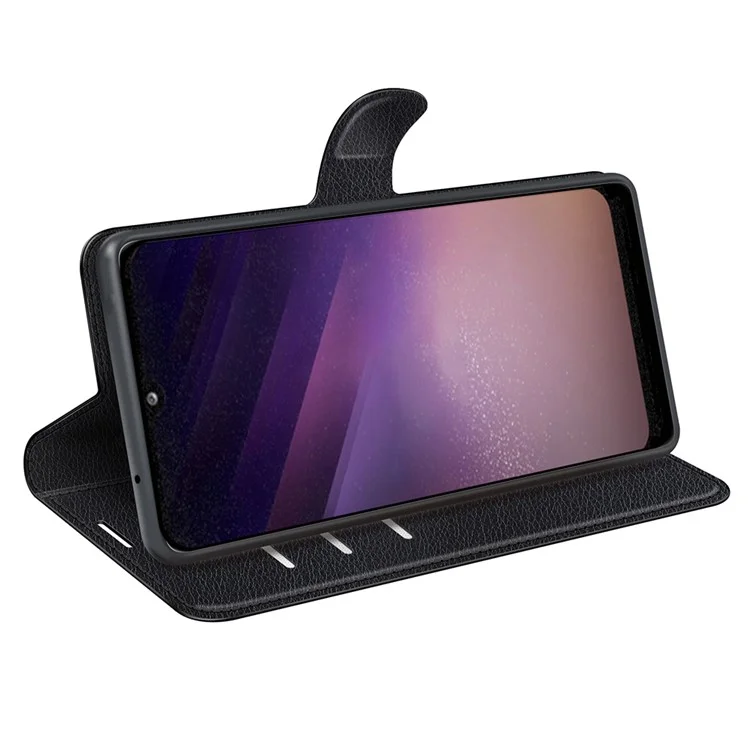 Litchi Texture Well-protected PU Leather Folio Case Magnetic Clasp Phone Cover with Stand Wallet for Samsung Galaxy A03 (166.5 x 75.98 x 9.14mm) - Black-Cellmalls