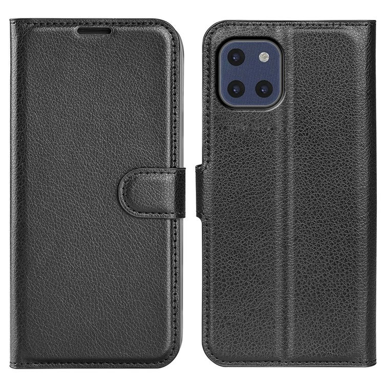 Litchi Texture Well-protected PU Leather Folio Case Magnetic Clasp Phone Cover with Stand Wallet for Samsung Galaxy A03 (166.5 x 75.98 x 9.14mm) - Black-Cellmalls