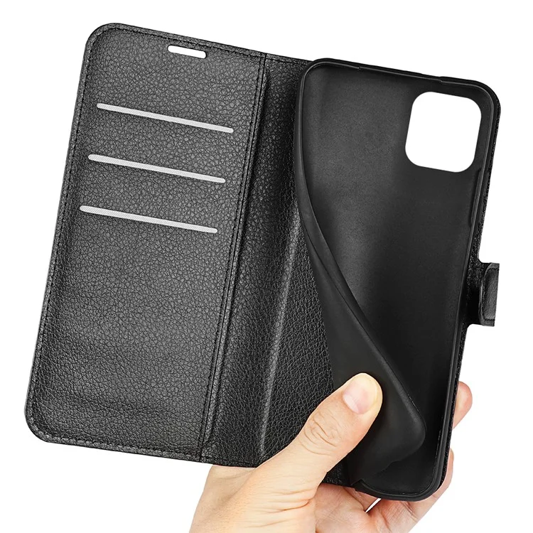 Litchi Texture Well-protected PU Leather Folio Case Magnetic Clasp Phone Cover with Stand Wallet for Samsung Galaxy A03 (166.5 x 75.98 x 9.14mm) - Black-Cellmalls