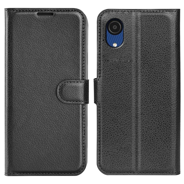 Scratch-resistant PU Leather Coated TPU Mobile Phone Case Litchi Texture Stand Wallet Flip Protective Phone Cover for Samsung Galaxy A03 Core - Black-Cellmalls