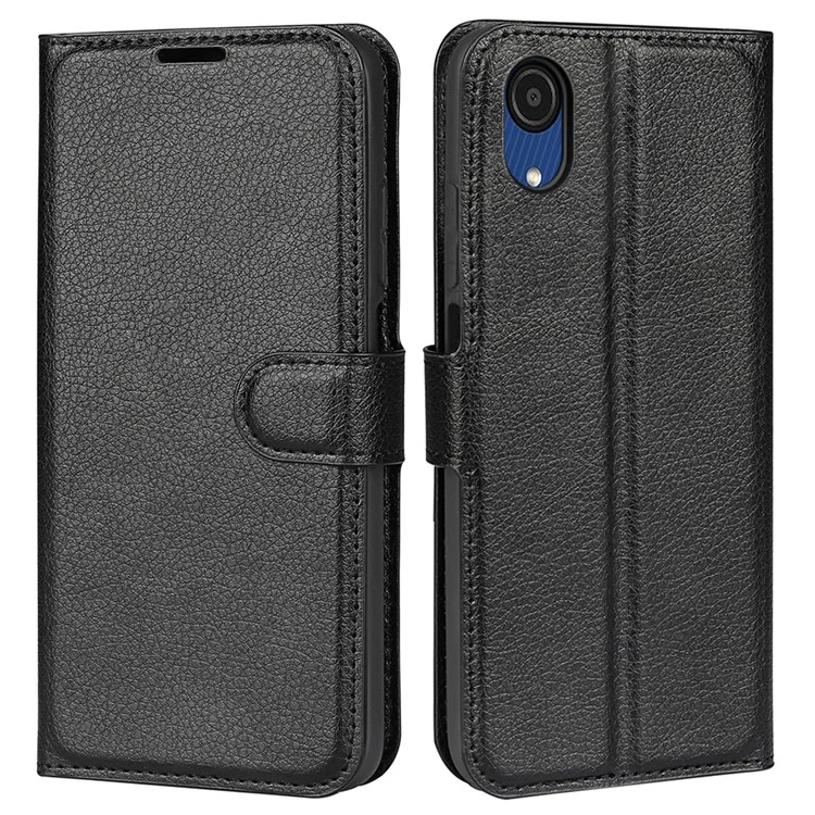 Scratch-resistant PU Leather Coated TPU Mobile Phone Case Litchi Texture Stand Wallet Flip Protective Phone Cover for Samsung Galaxy A03 Core - Black-Cellmalls