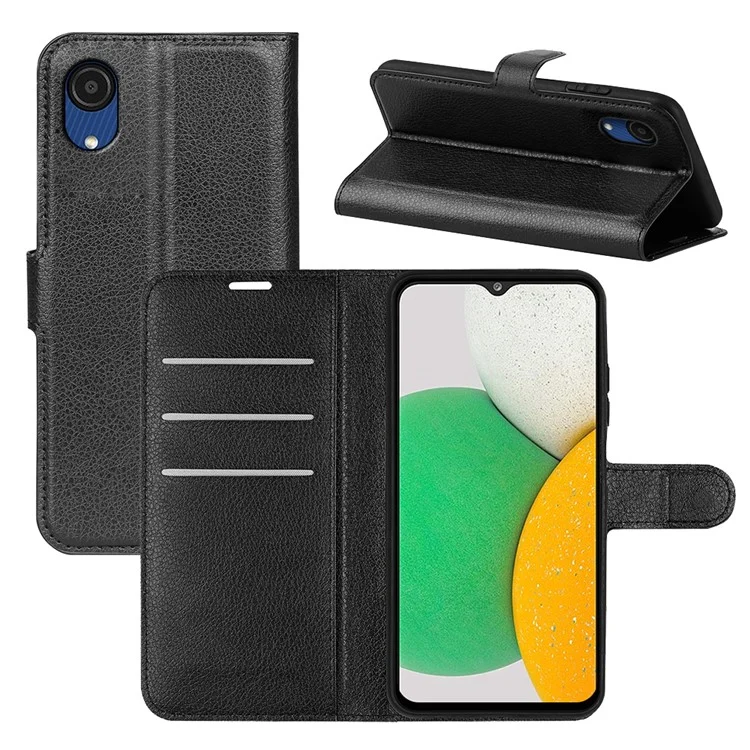 Scratch-resistant PU Leather Coated TPU Mobile Phone Case Litchi Texture Stand Wallet Flip Protective Phone Cover for Samsung Galaxy A03 Core - Black-Cellmalls