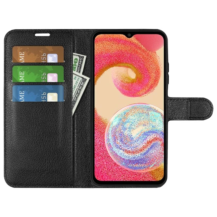 Phone Stand Wallet Cover for Samsung Galaxy A04e 4G / F04 4G / M04 4G , Litchi Texture PU Leather Anti-scratch Phone Flip Case - Black-Cellmalls