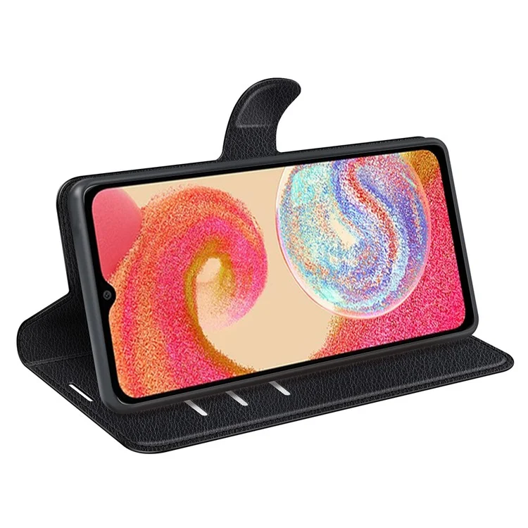 Phone Stand Wallet Cover for Samsung Galaxy A04e 4G / F04 4G / M04 4G , Litchi Texture PU Leather Anti-scratch Phone Flip Case - Black-Cellmalls