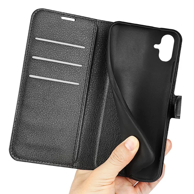 Phone Stand Wallet Cover for Samsung Galaxy A04e 4G / F04 4G / M04 4G , Litchi Texture PU Leather Anti-scratch Phone Flip Case - Black-Cellmalls